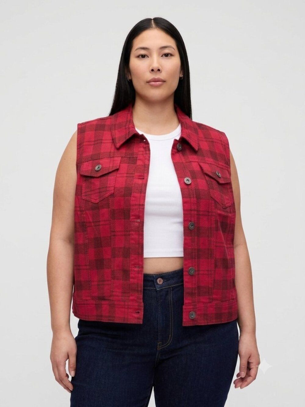 Cato Plus Size 26/28W Red Black Plaid Button Front Vest Fall Fashion Outwear